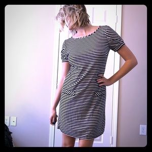 Black and white striped shift dress